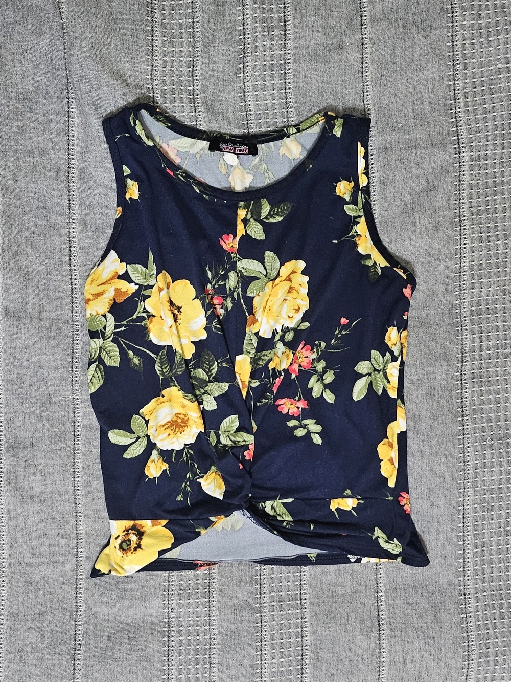 Navy Yellow Floral Front Twist Tank Top